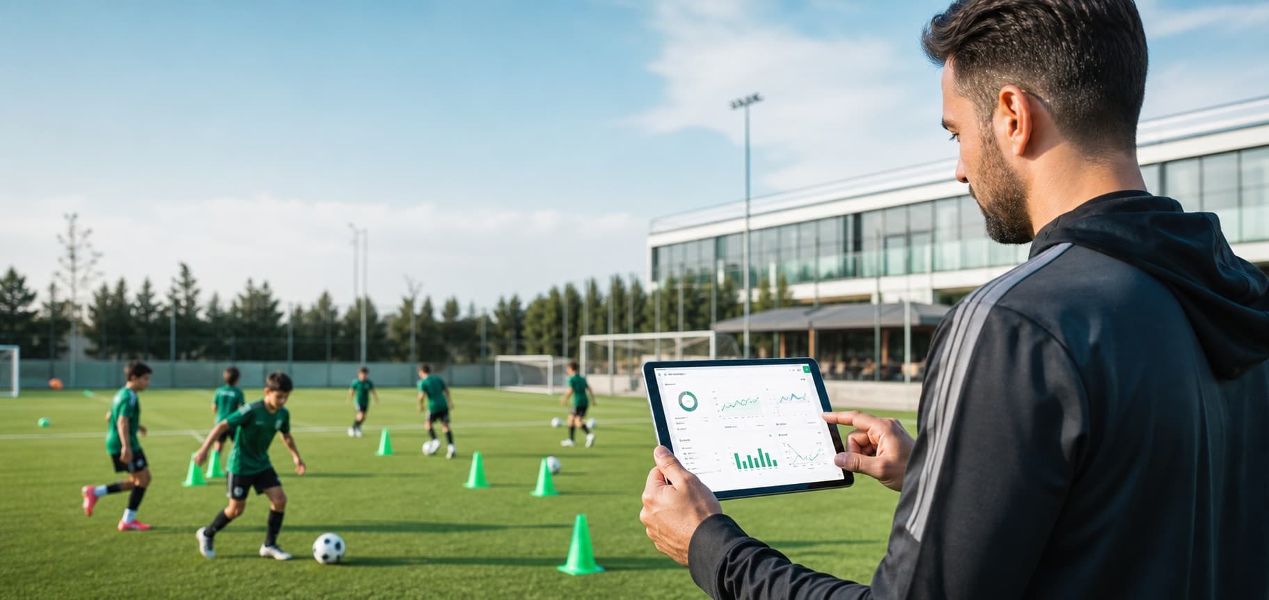 Futbol akademisi antrenmanında tablet kullanan koç